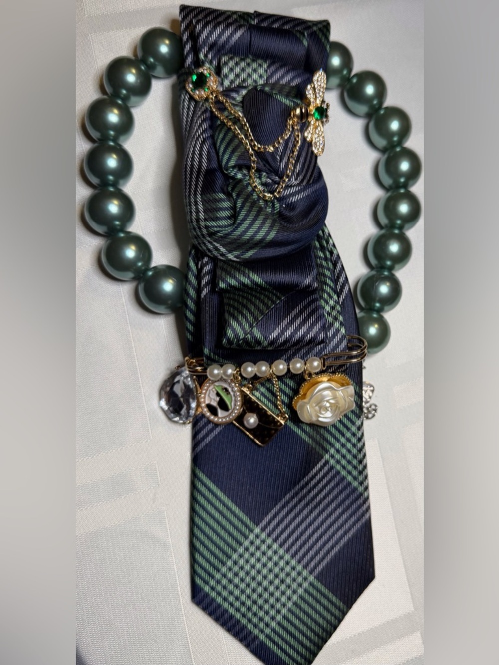 Green Pearl Beaded Statement Tie Necklace with Gold Floral and Crystal Accents